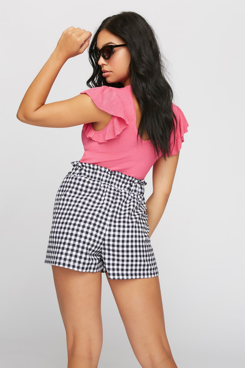Women Ruffle Open-Back Ribbed Blouse Fuchsia