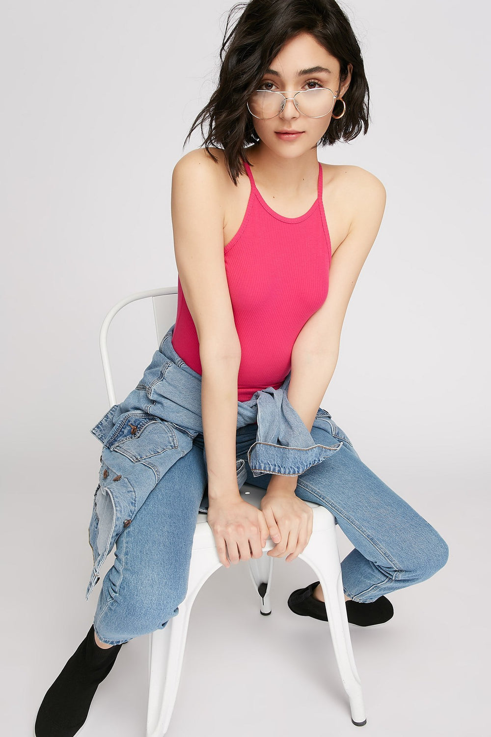 Women Camisole côtelée à col roulé Fuchsia