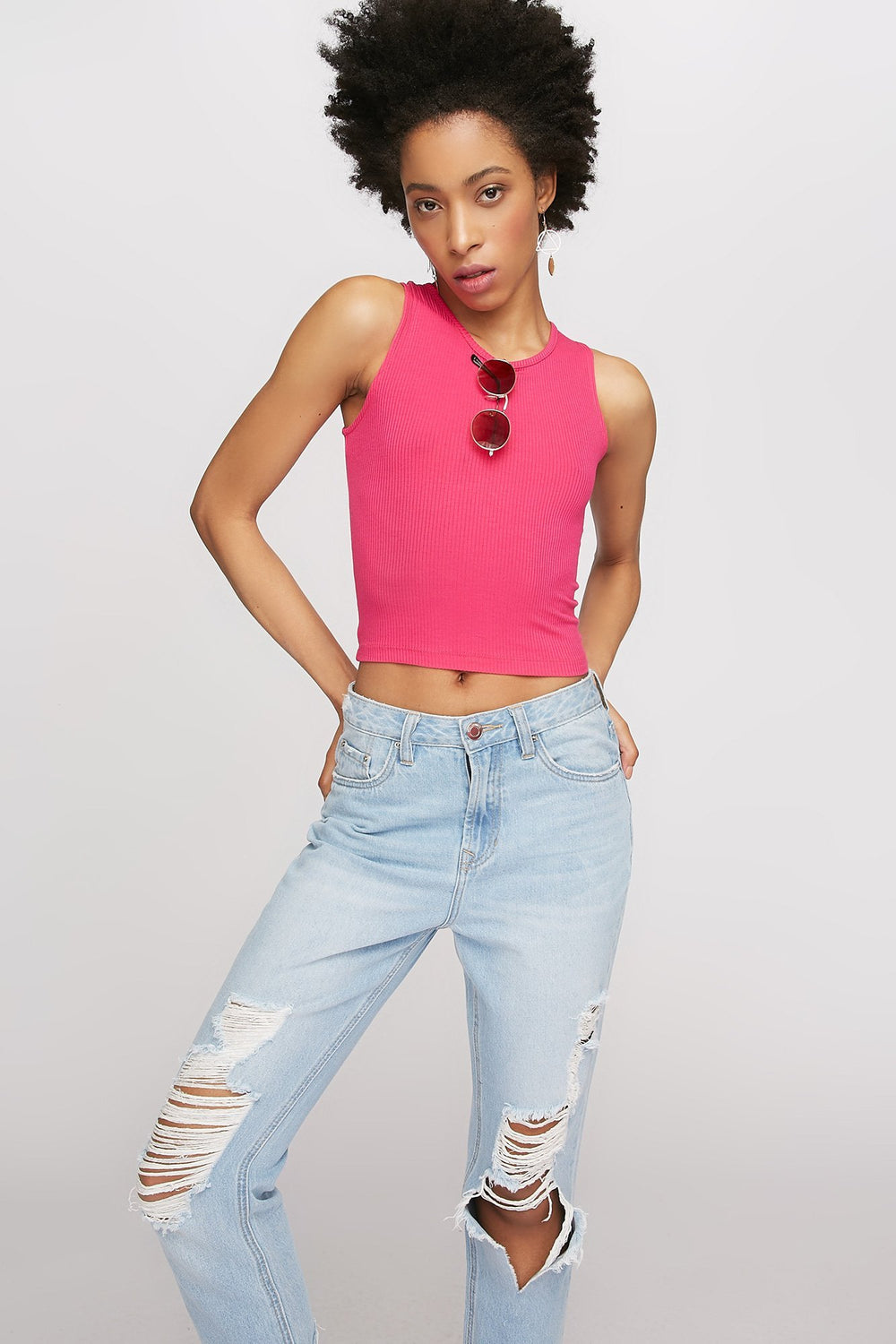 Women Lace-Up Back Ribbed Cropped Tank Fuchsia