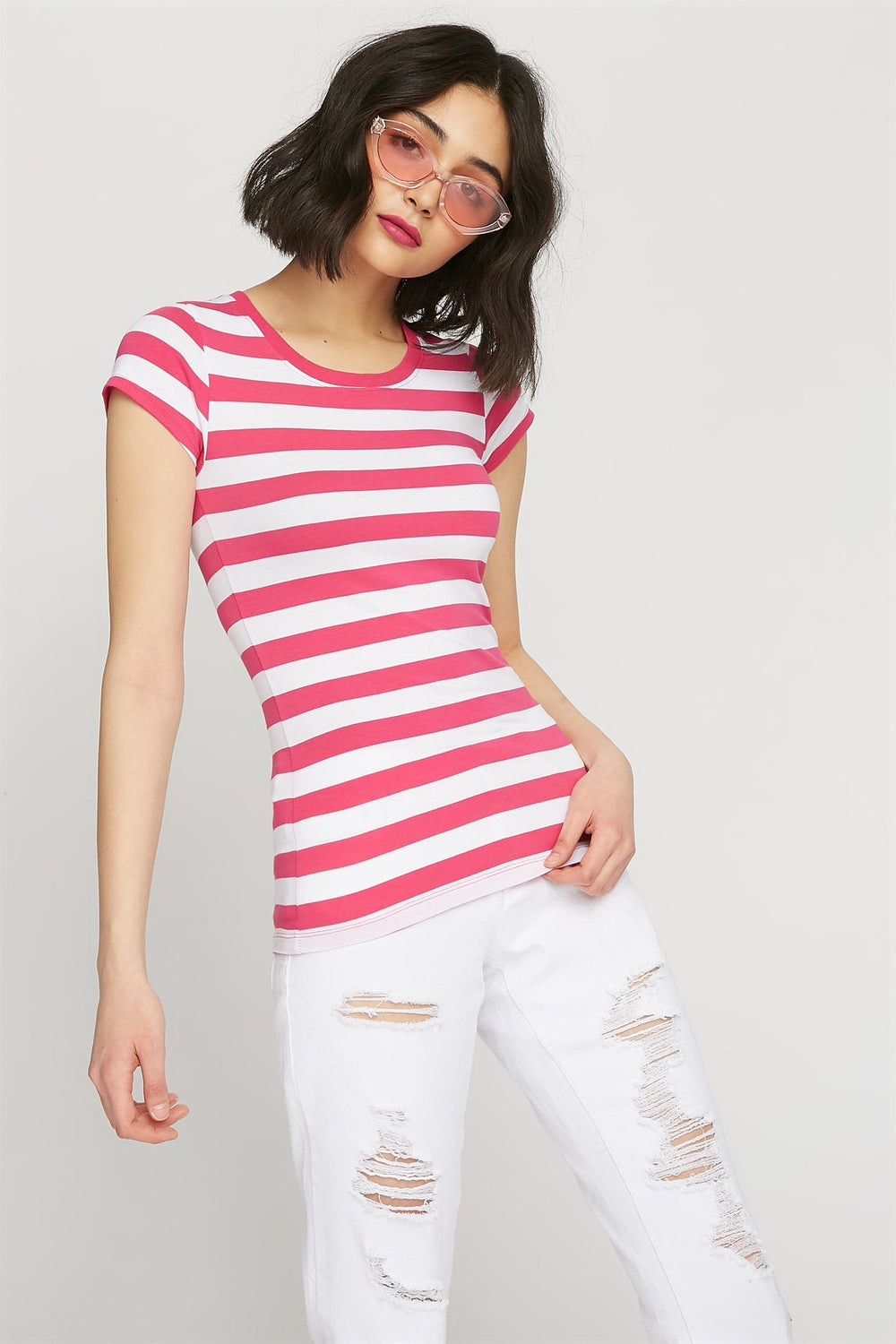 women Striped Scoop Neck T-Shirt Fuchsia