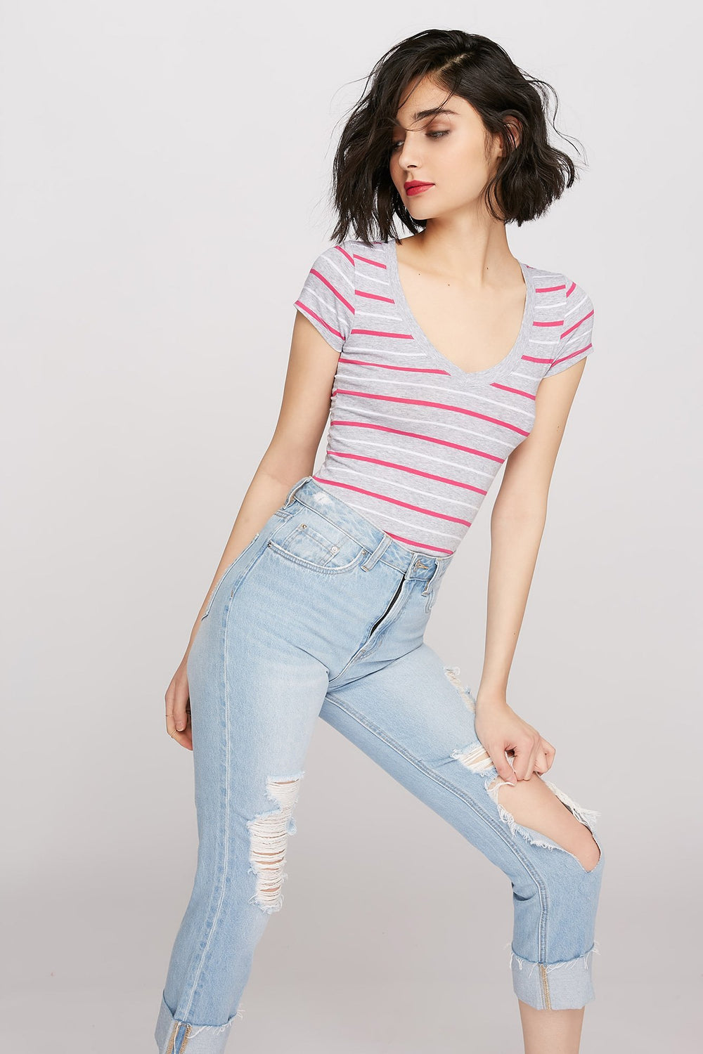 Women Striped V-Neck T-Shirt Fuchsia