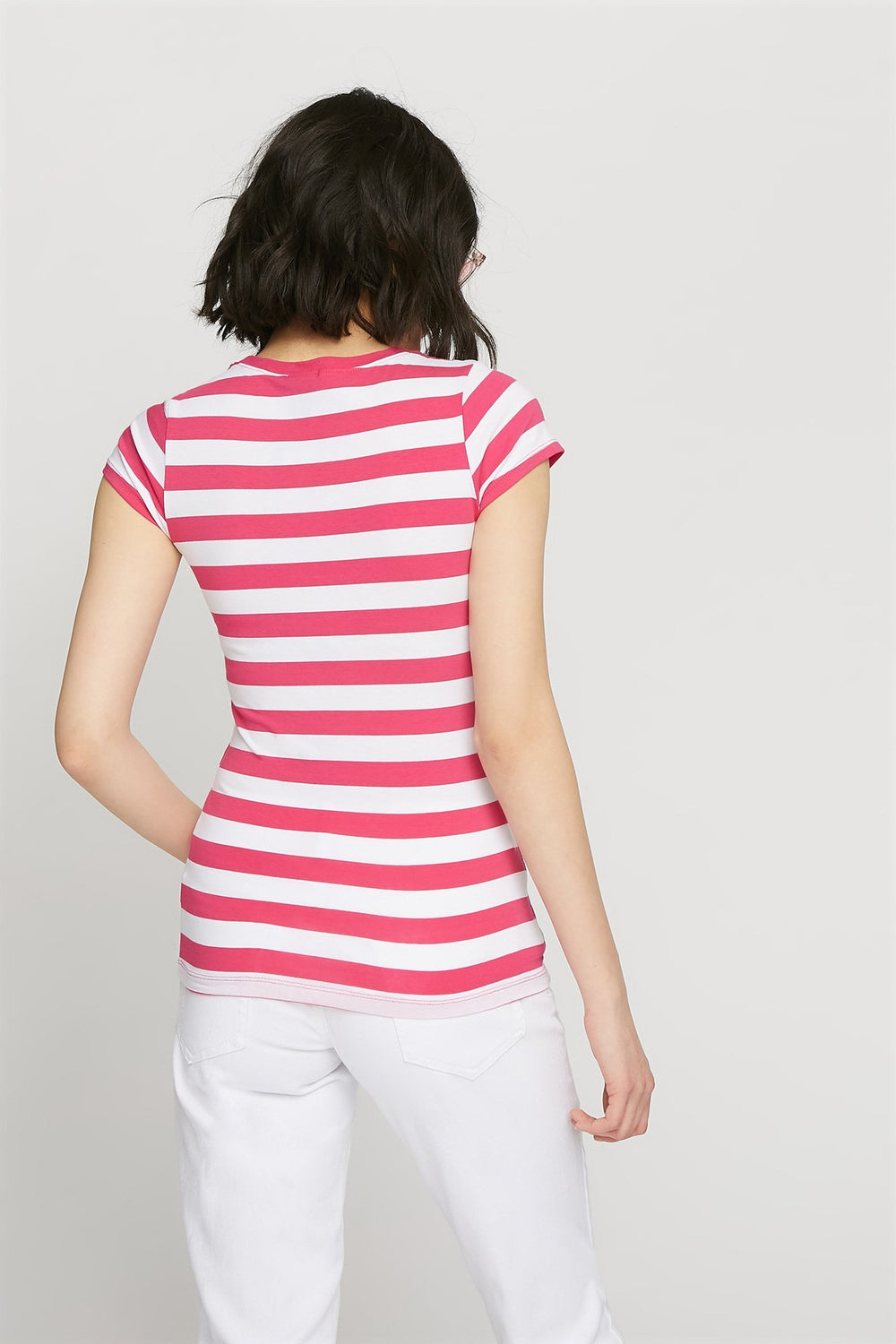 women T-shirt rayé à encolure arrondie Fuchsia