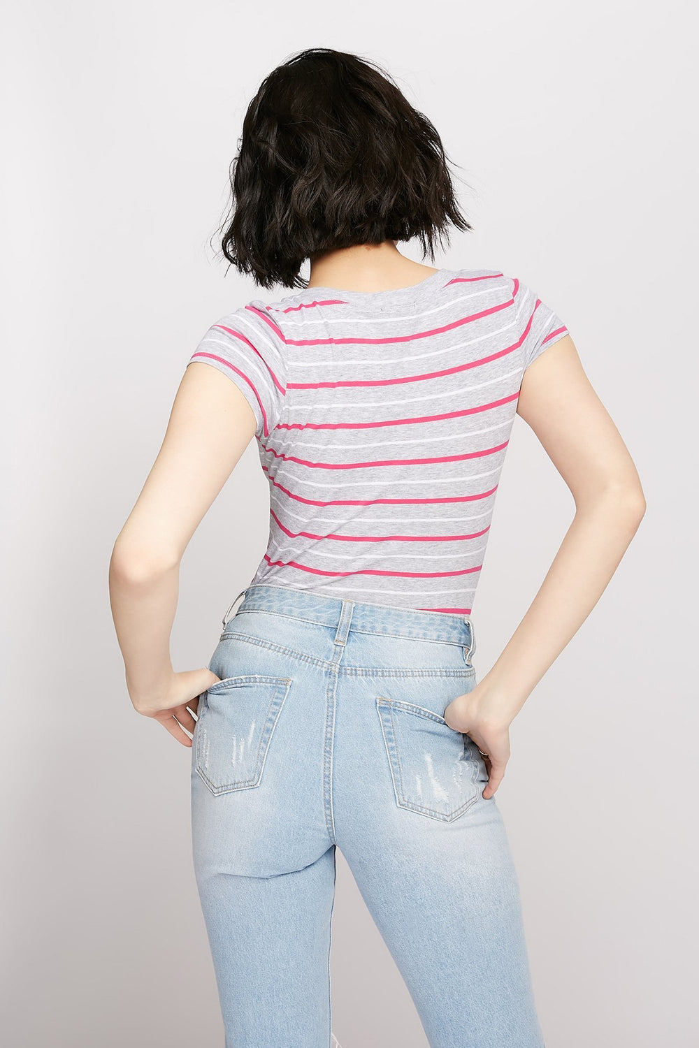Women T-shirt rayé à encolure en V Fuchsia
