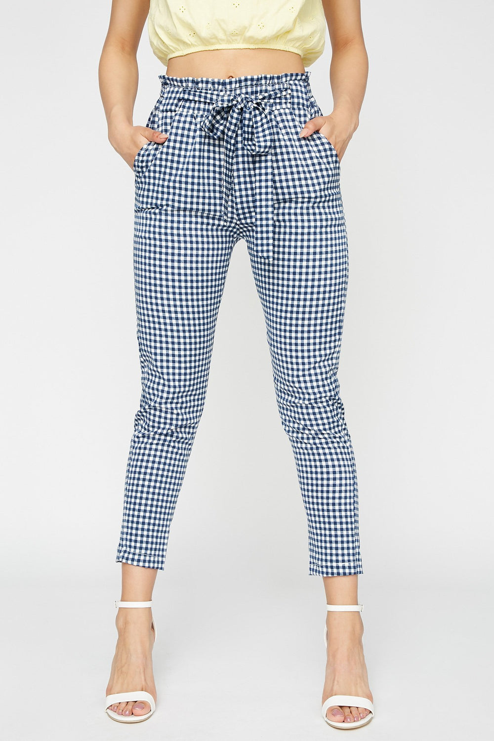 Women High-Rise Printed Self-Tie Paperbag Pant Gingham