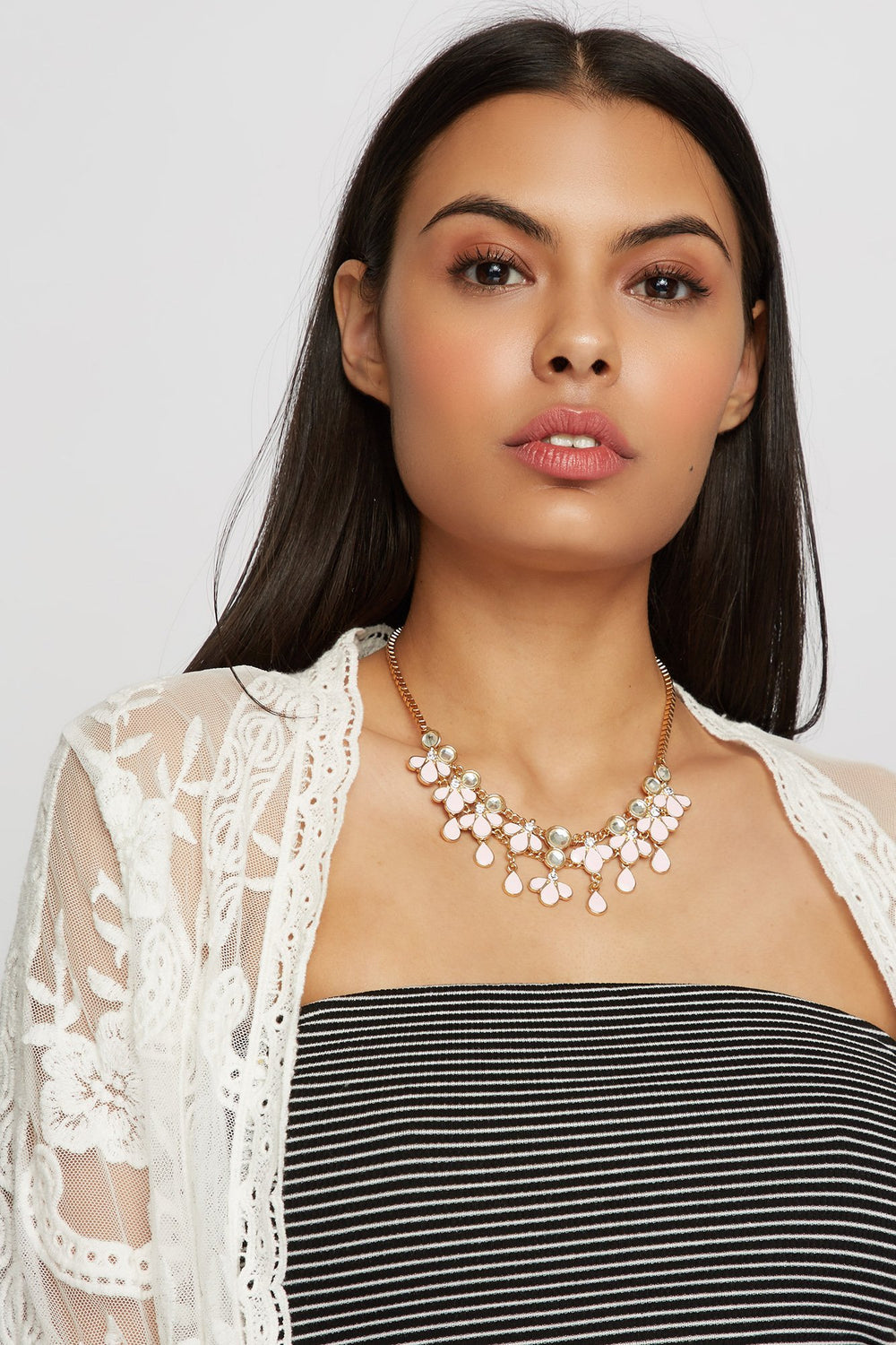 Women Floral Rhinestone Statement Necklace Gold