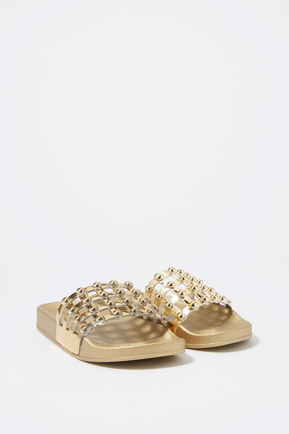 Women Metallic Studded Caged Slider Sandal Gold