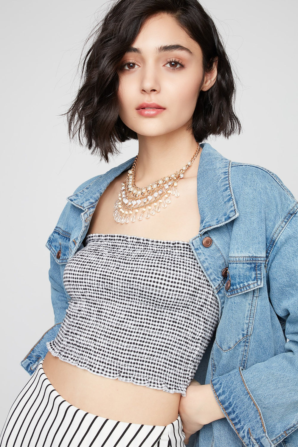 Women Multi-Layered Pearl Rhinestone Statement Necklace Gold