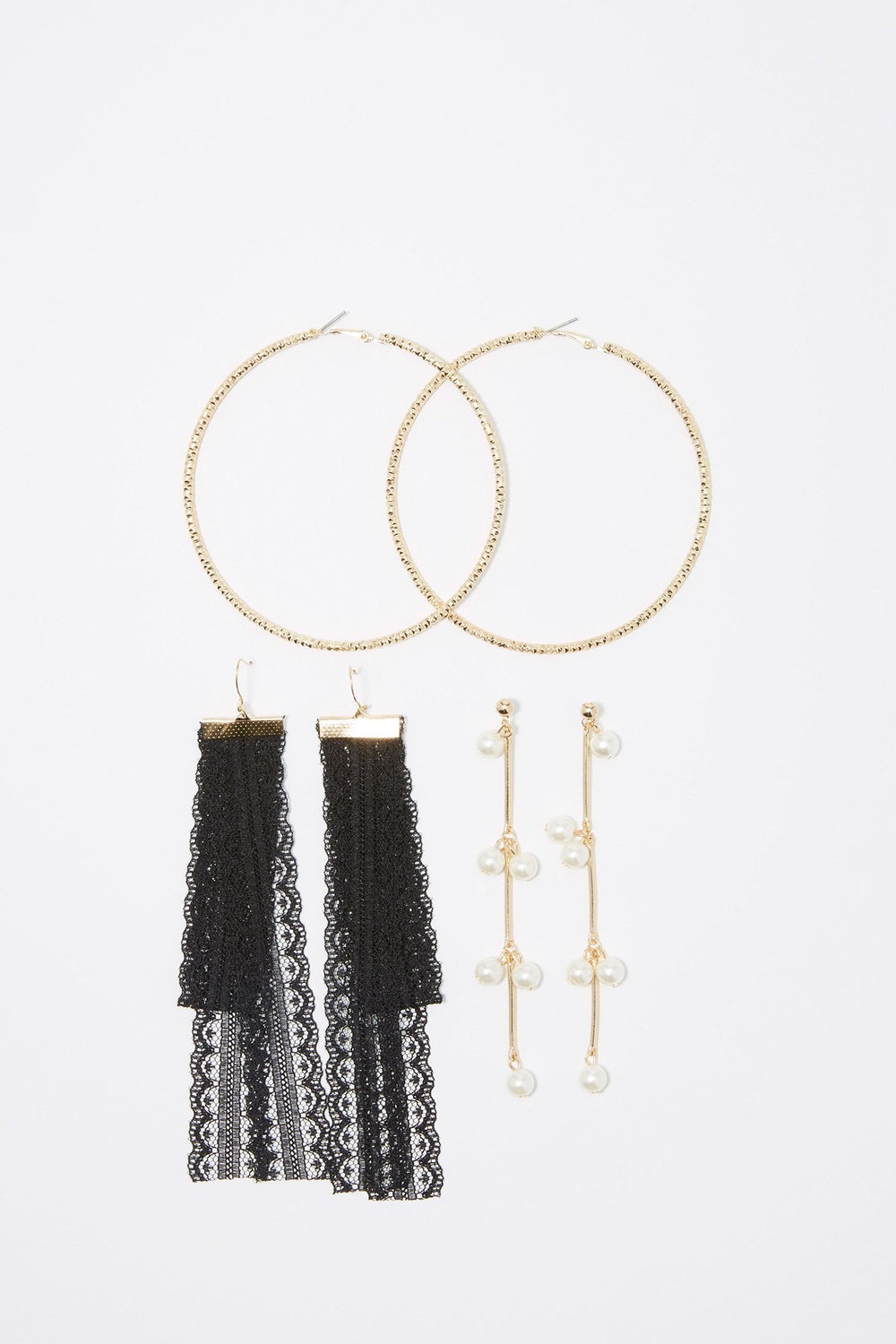 Women Pearl Black Lace Drop & Hoop Earring Set (3 Pairs) Gold