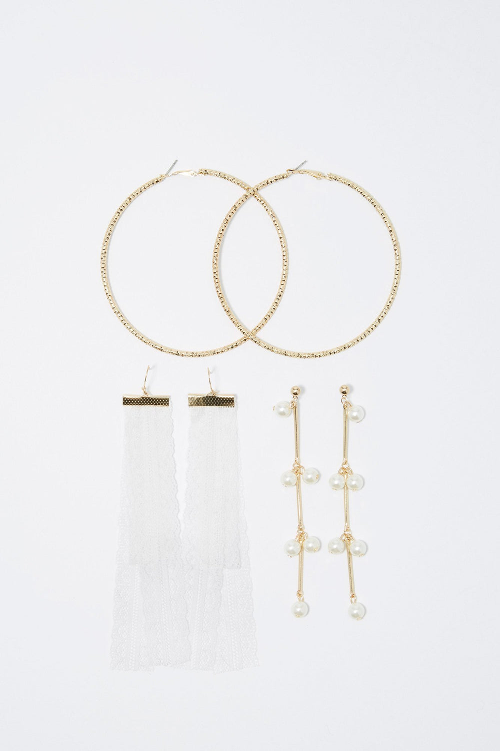 Women Pearl White Lace Drop & Hoop Earring Set (3 Pairs) Gold
