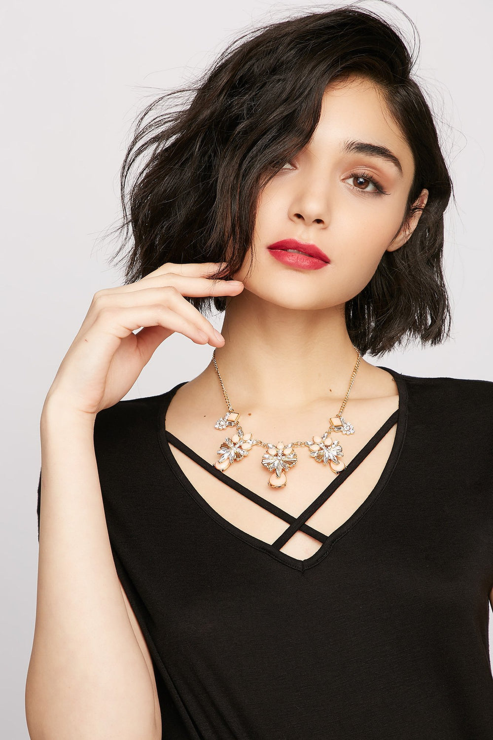 Women Rhinestone Floral Chunky Statement Necklace Gold