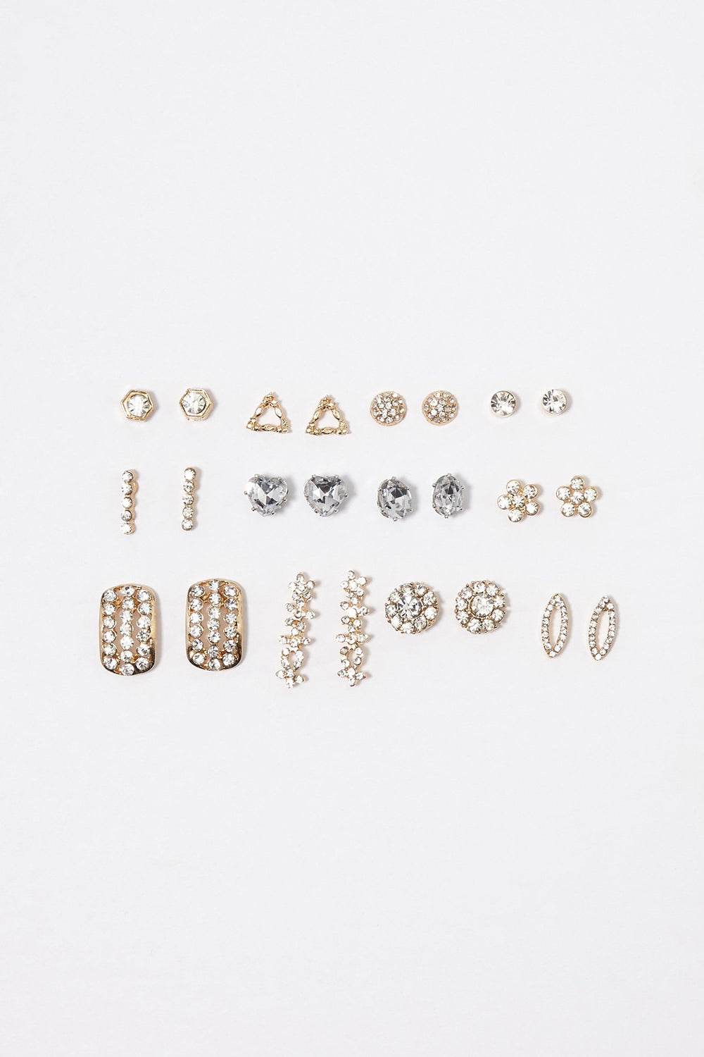 Women Assorted Rhinestone Stud Earring Set (9 Pairs) Gold
