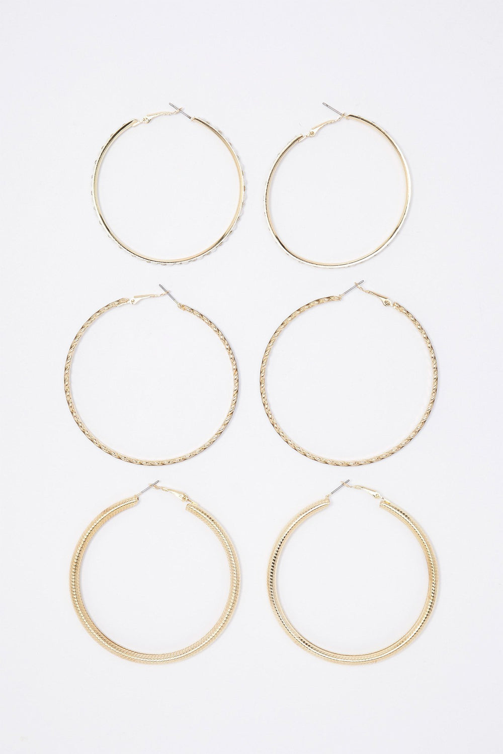 Women Assorted Textured Hoop Earrings (3 Pairs) Gold