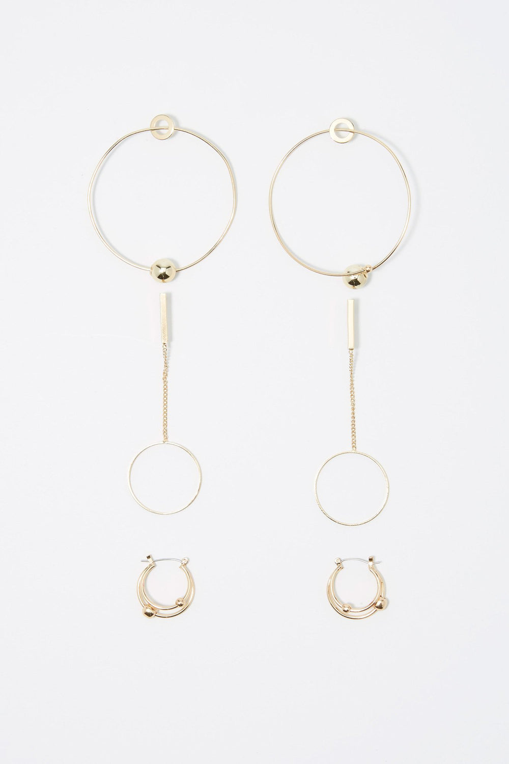 Women Ball Pendant Hoop Drop & Stud Earring Set (3 Pairs) Gold