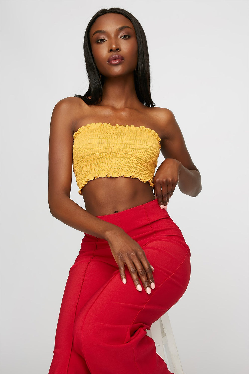 Women Bustier tubulaire smocké volanté Gold