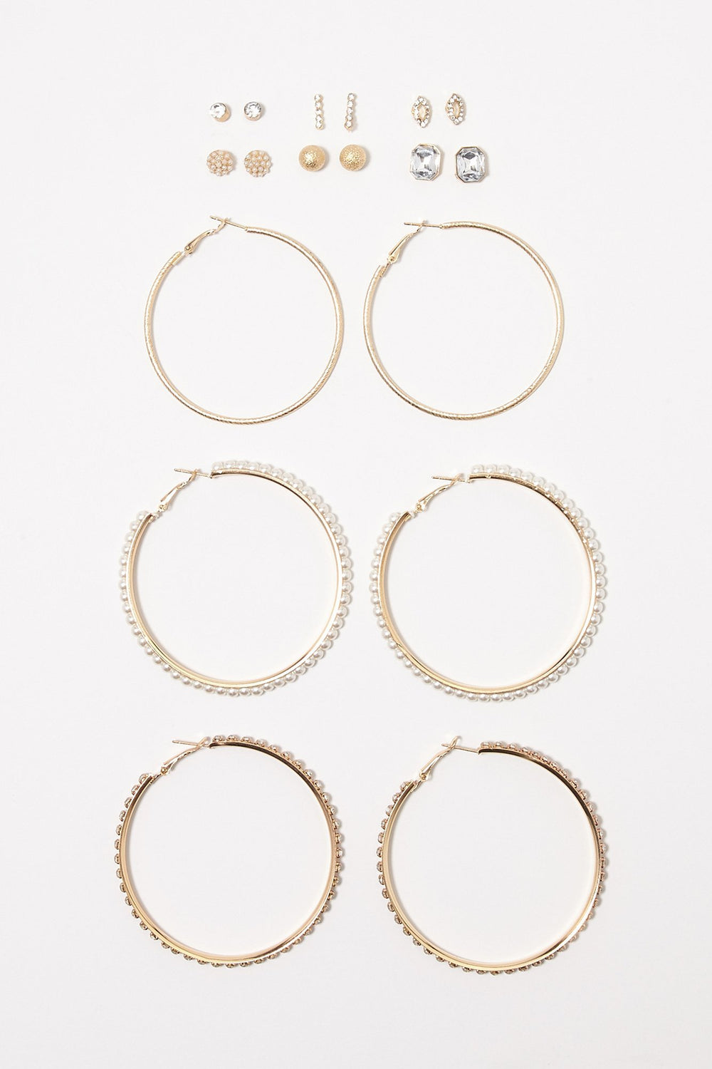 Women Clous d'oreilles et créoles avec perles et pierres du Rhin (9 paires) Gold