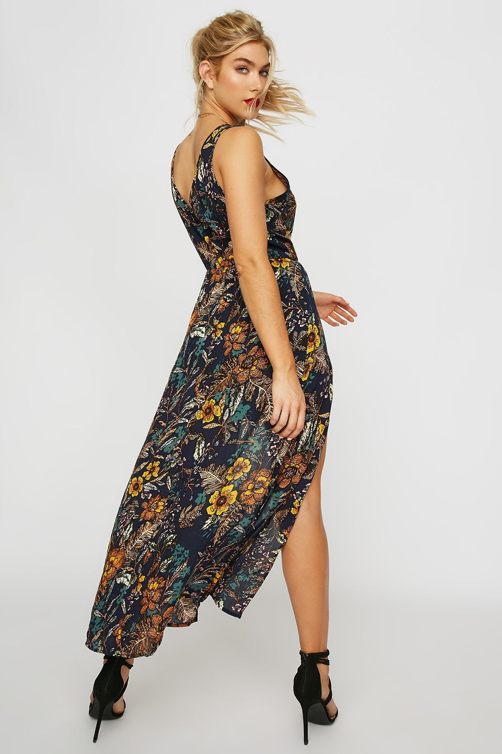 Women Combi-short asymétrique fleuri à encolure en V avec ceinture Gold