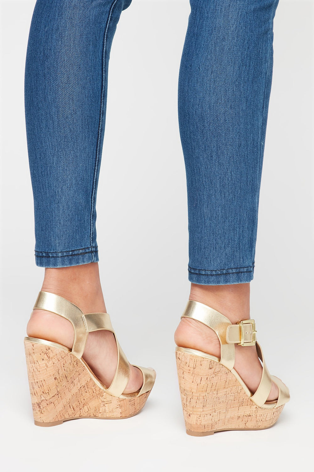 Women Crisscross Ankle Buckle Cork Wedge Heel Sandal Gold
