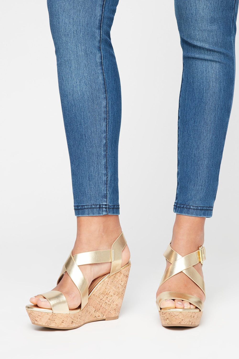 Women Crisscross Ankle Buckle Cork Wedge Heel Sandal Gold