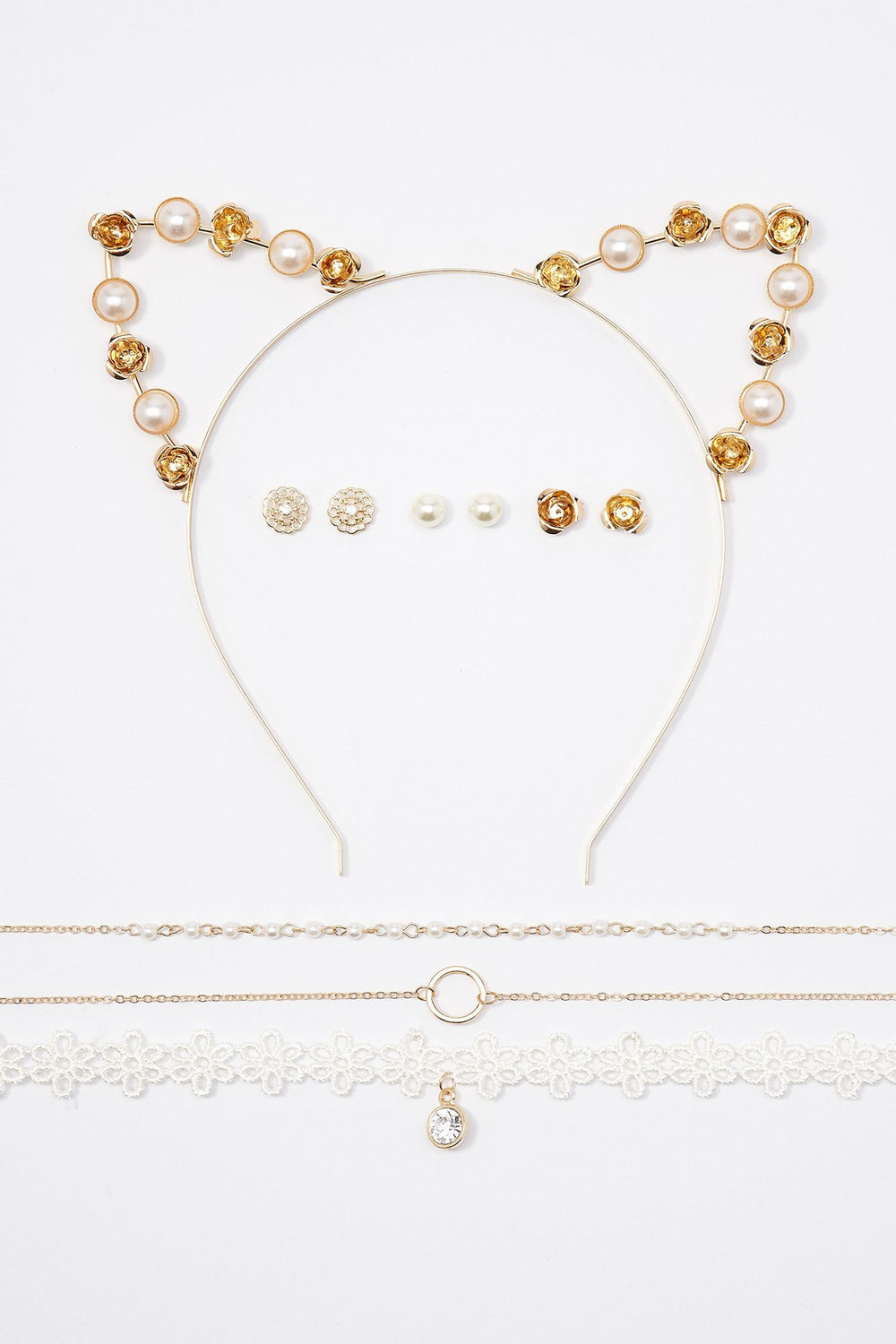 Women Ensembl collier et boucles d'oreilles avec bandeau à oreilles de chat métallisé Gold
