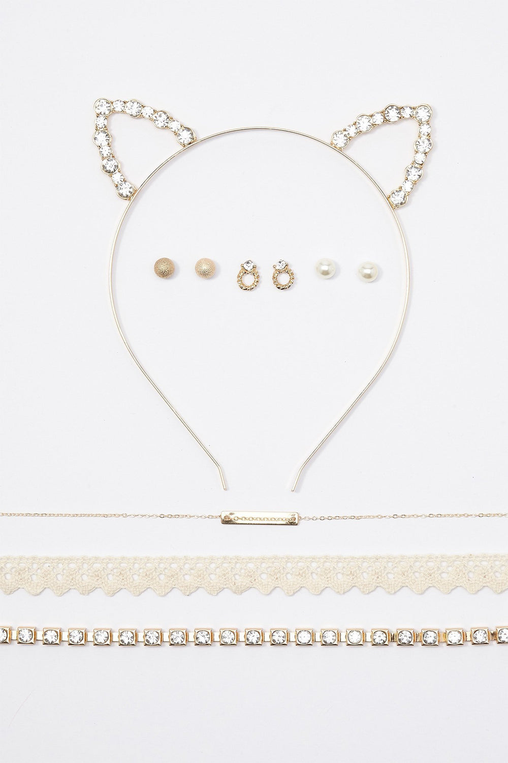 Women Ensemble collier et boucles d'oreilles avec bandeau à oreilles de chat crocheté avec pierres du Rhin Gold