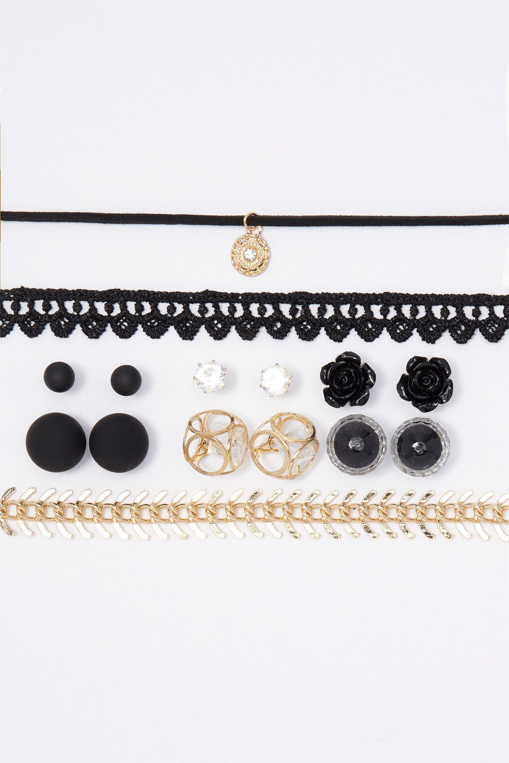 Women Ensemble de boucles d'oreilles et de collier ras du cou géométriques avec pierres du Rhin (9 unités) Gold