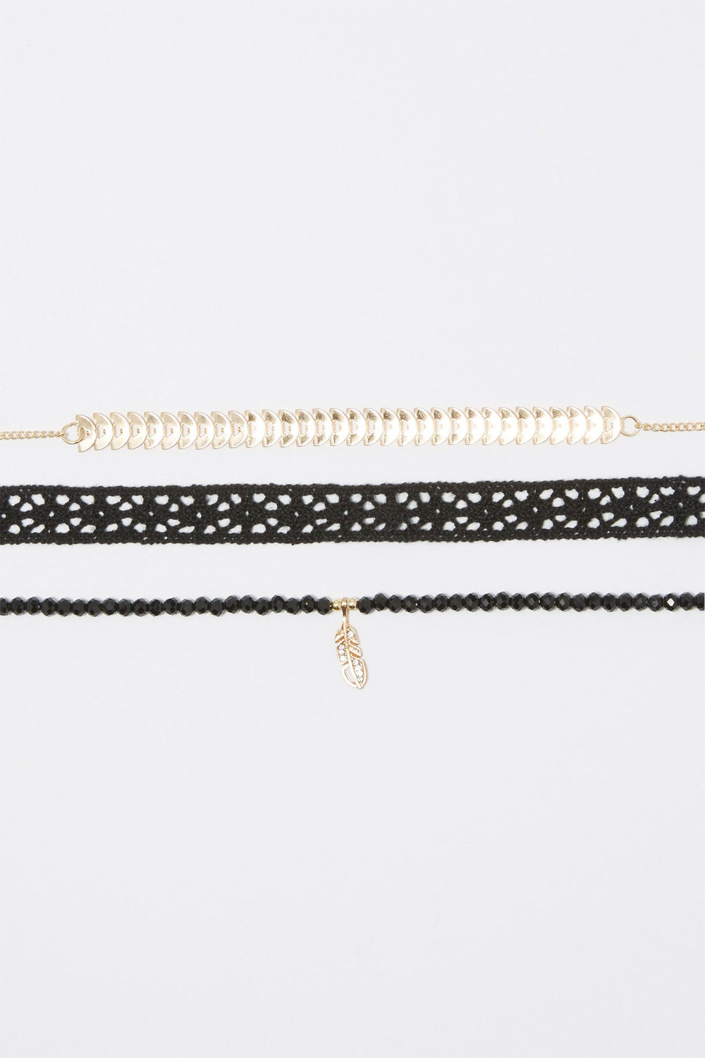 Women Ensemble de colliers ras du cou crochetés avec pierres du Rhin et breloques de plumes (3 unités) Gold