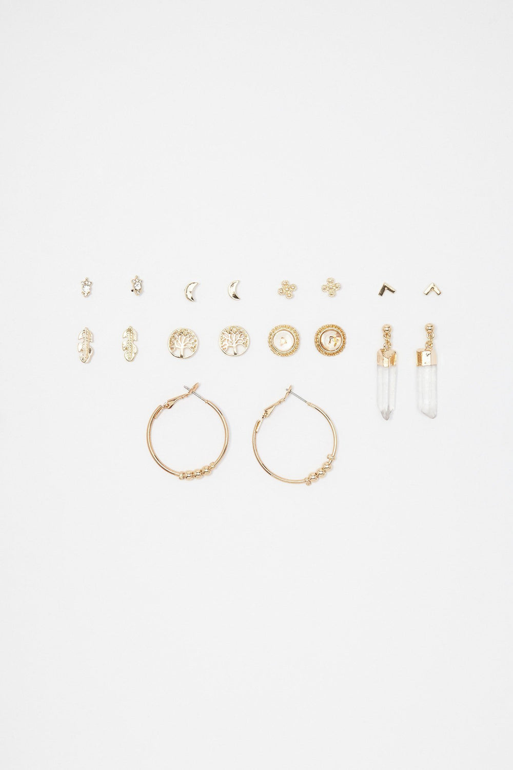 Women Ensemble de créoles et clous d'oreilles Lune avec pierres du Rhin et plumes (9 paires) Gold