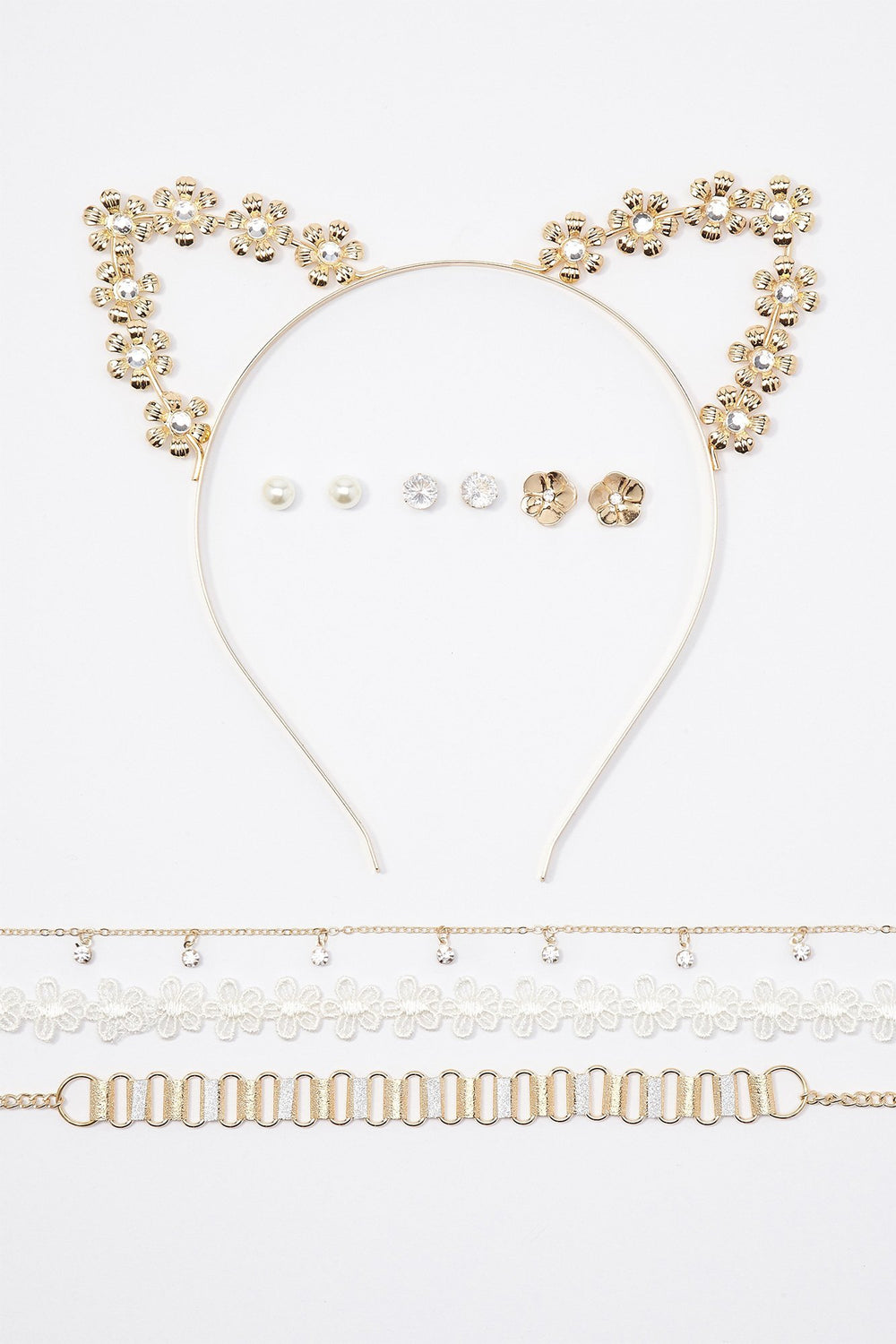 Women Floral & Rhinestone Cat Ear Headband Earrings & Necklace Set Gold