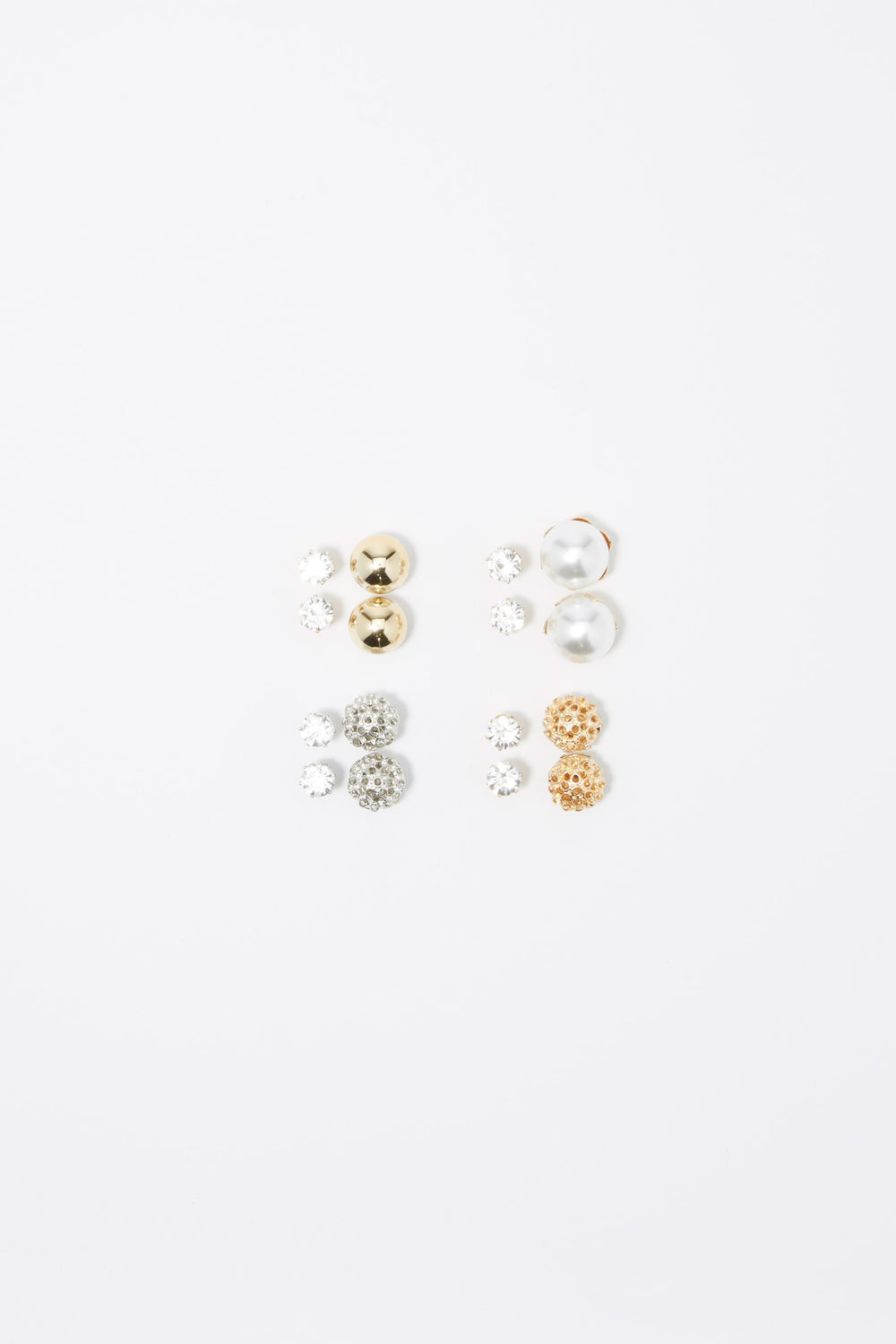 Women Front-Back Perforated Pearl Stud Earring Set (4 Pairs) Gold