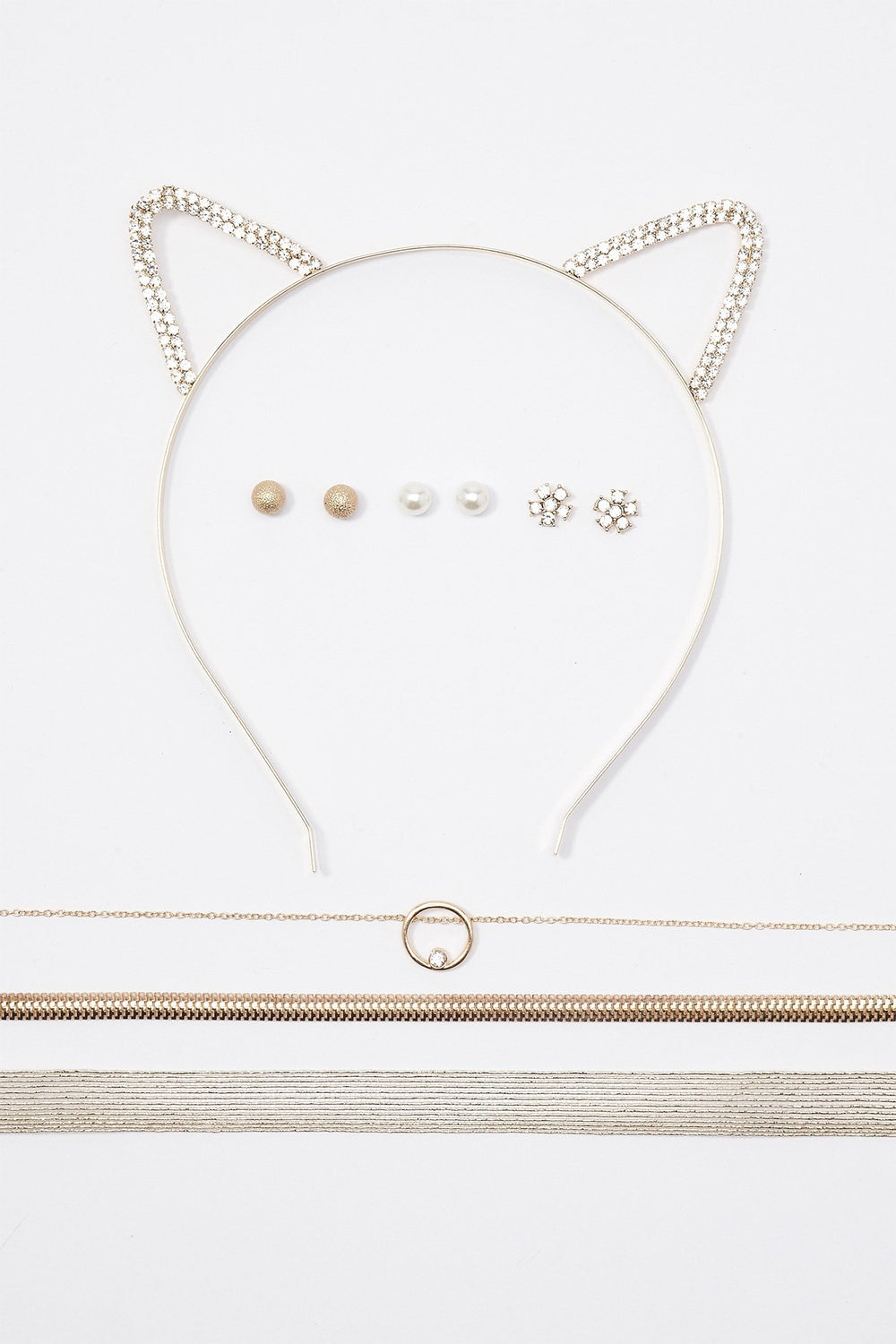 Women Gold Rhinestone Cat Ear Headband Earrings & Necklace Set Gold