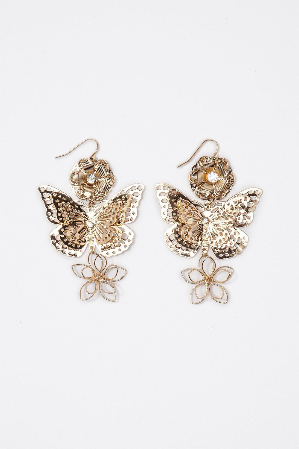Women Layered Butterfly Wired Floral Drop Earrings Gold