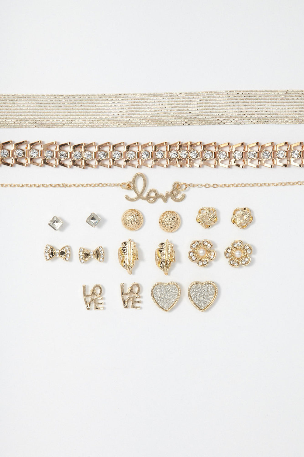 Women Love Floral Heart Bowtie Choker & Earring Set (12 PC) Gold