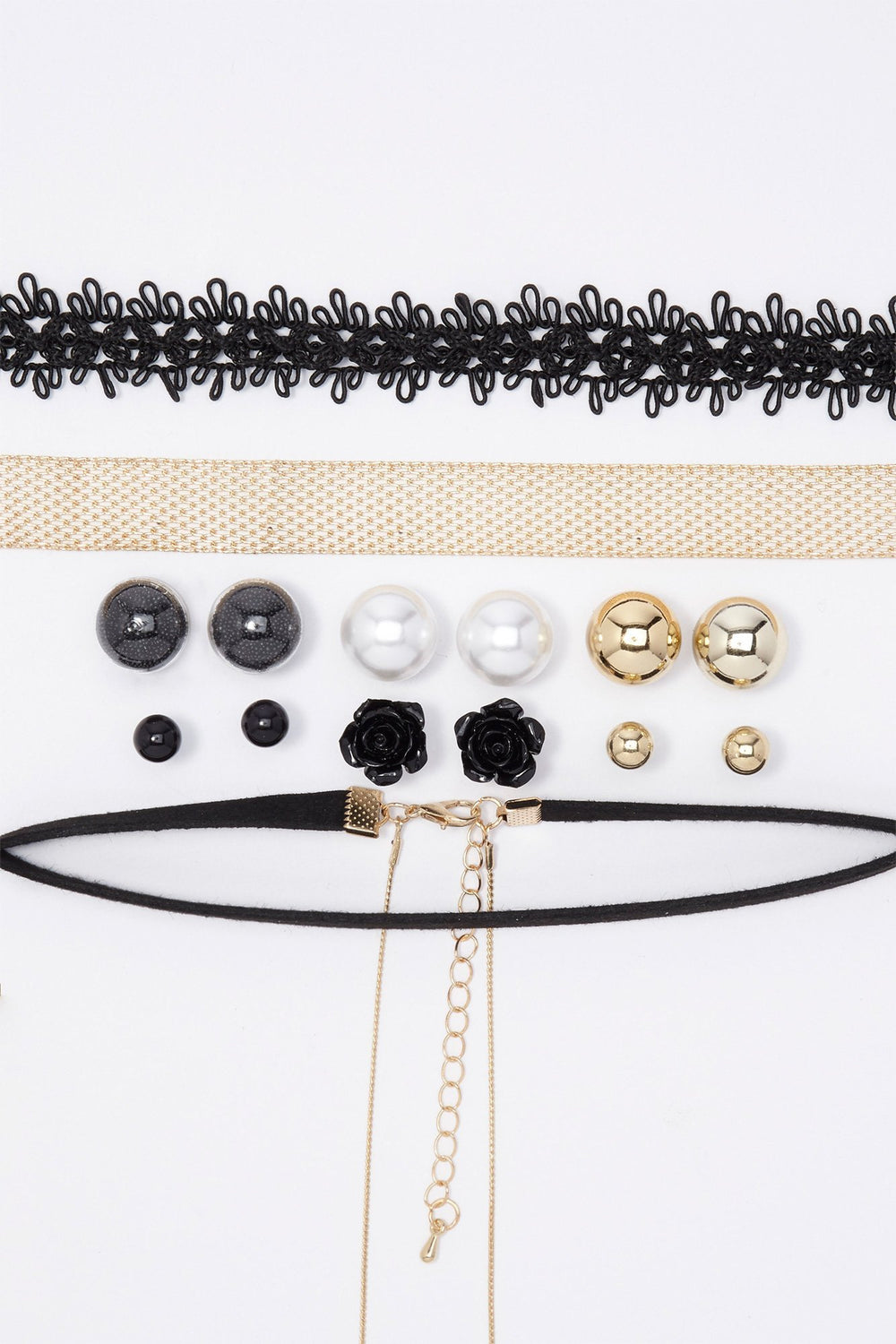 Women Pearl & Crochet Trio Choker & Front-Back Earrings Set (9 PC) Gold