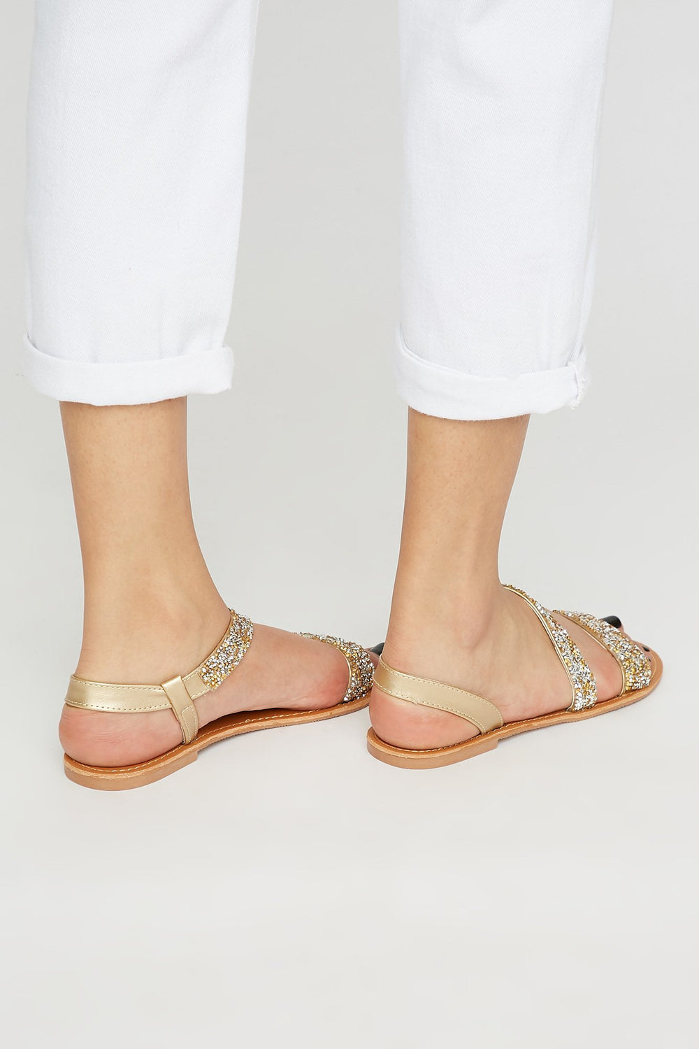 Women Rhinestone Dual Band Sandal Gold