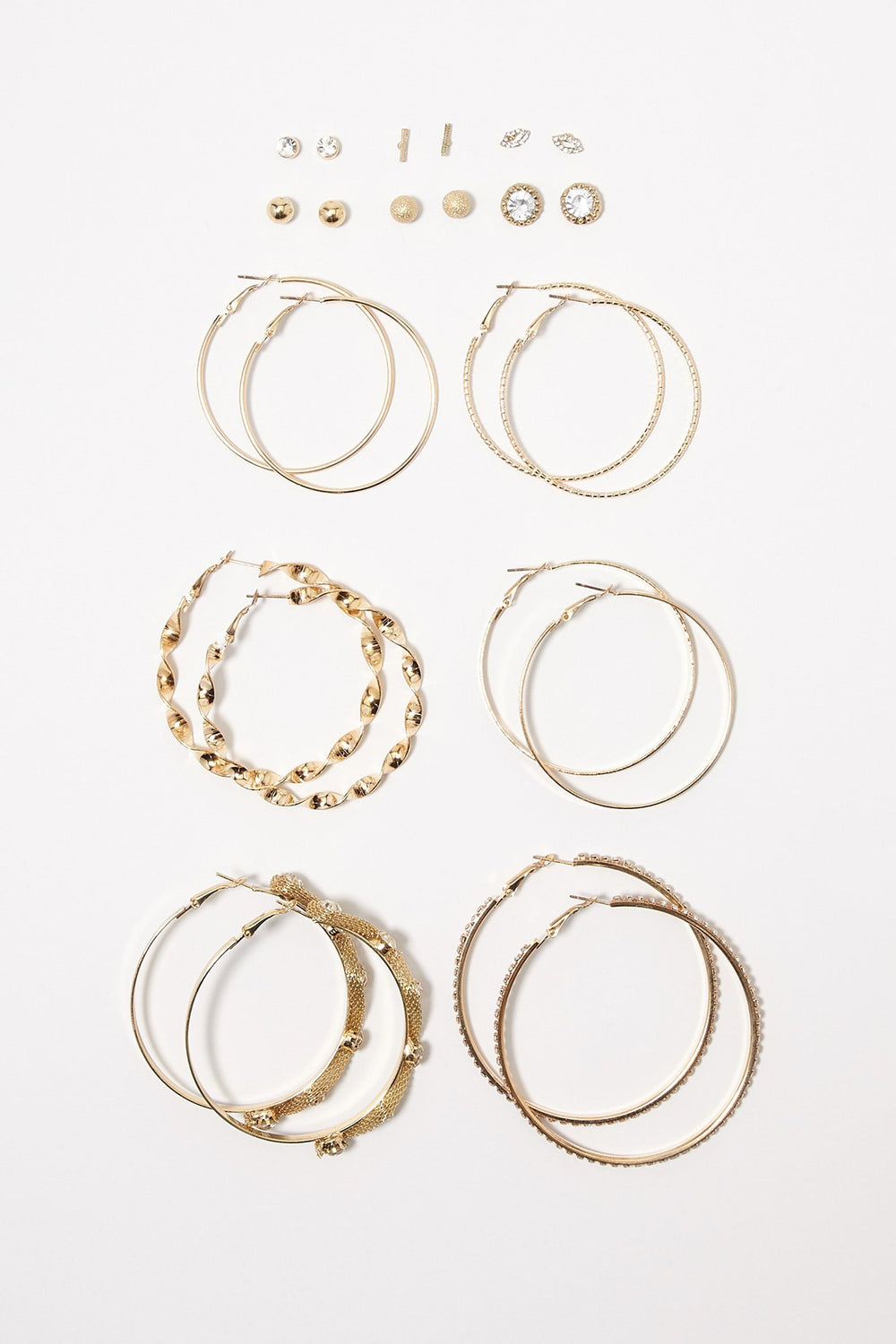 Women Rhinestone Stud & Hoop Earring Set (12 Pairs) Gold