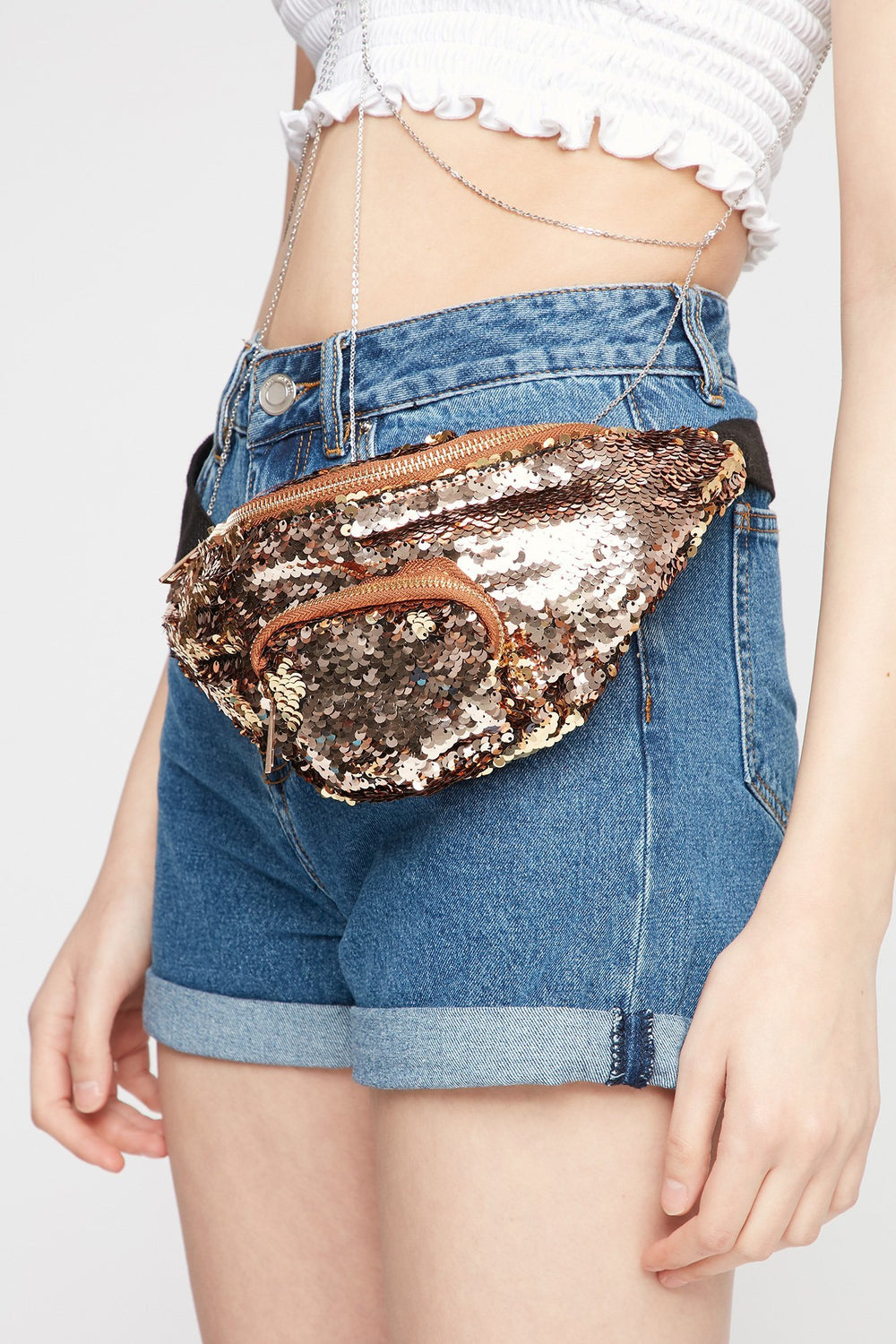 Women Sequin Duel Pouch Fanny Pack Gold