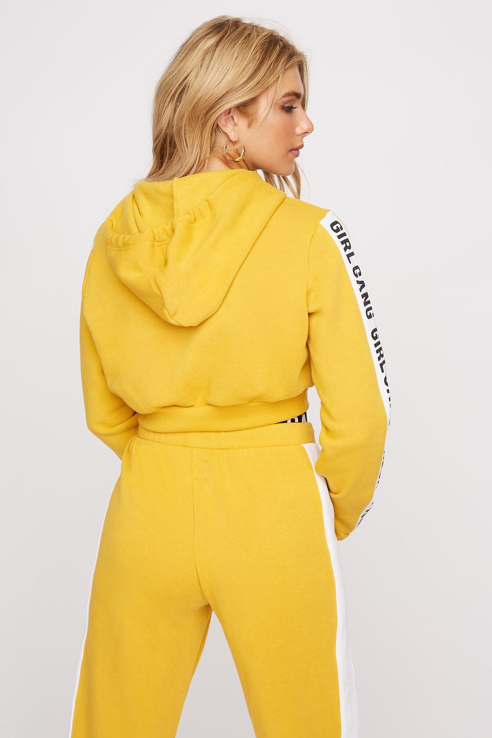 Women Side Stripe Fleece Cropped Graphic Drawstring Popover Hoodie Gold