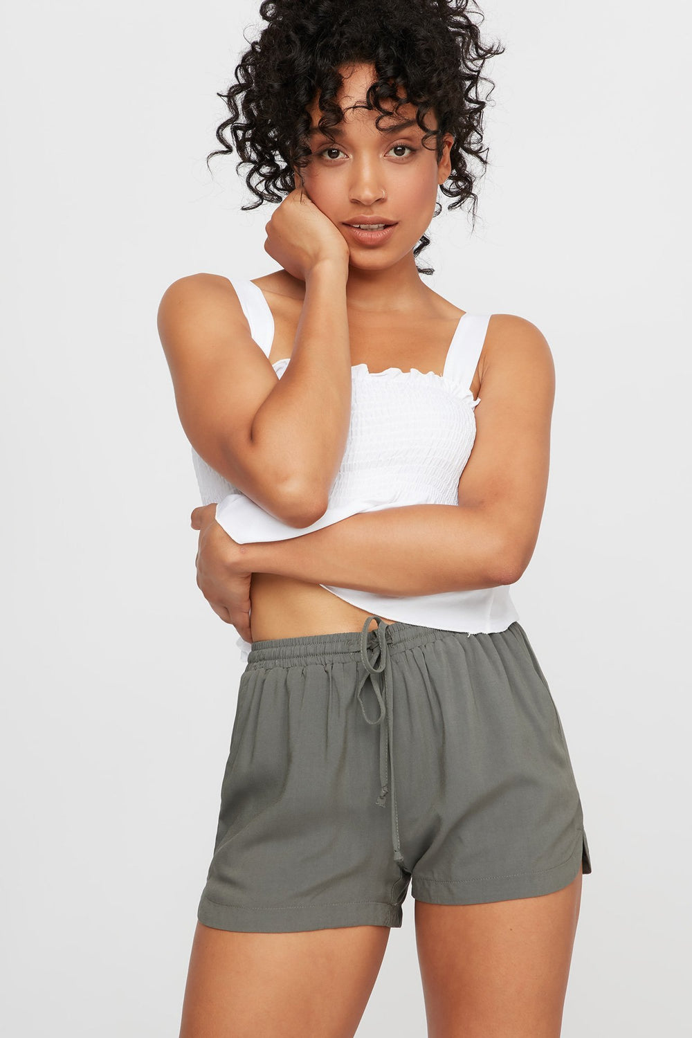 Women High-Rise Lightweight Dolphin Hem Drawstring Short Green