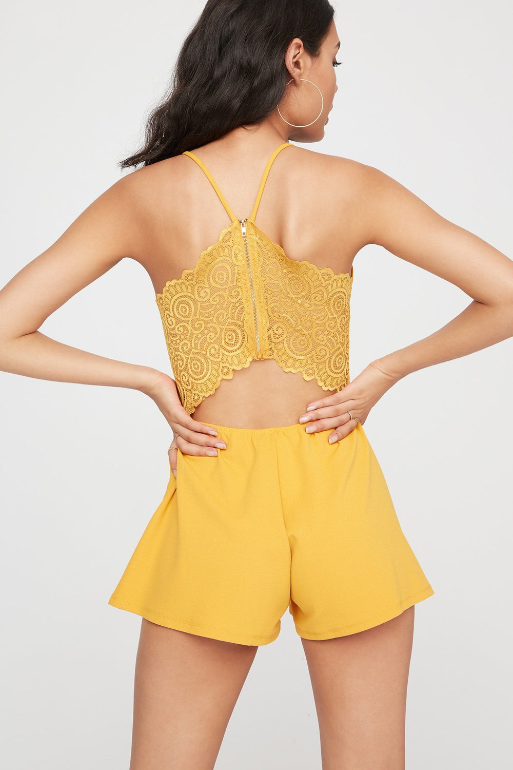 Women Lace-Back V-Neck Pleated Romper Green