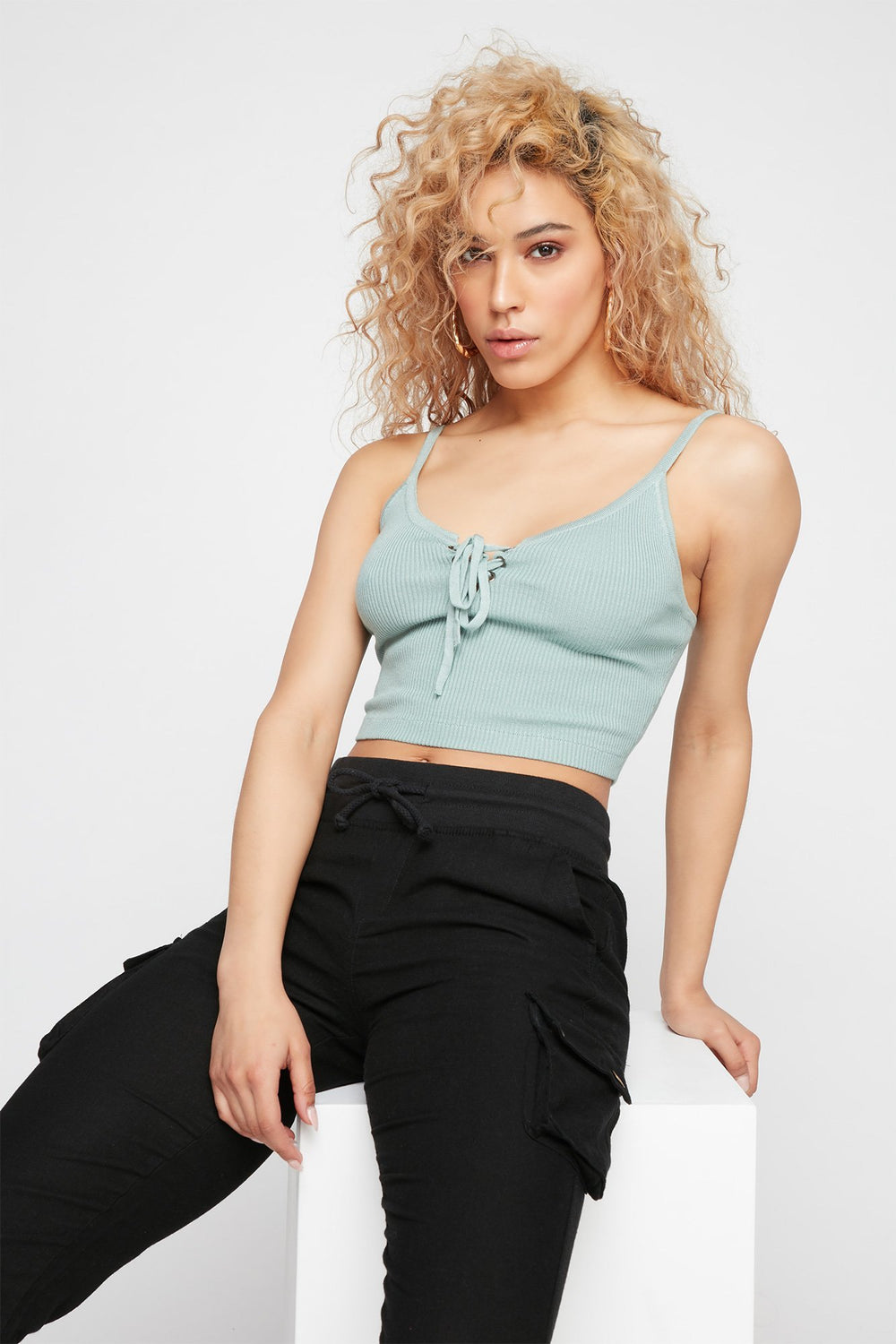 Women Lace-Up Knit Cropped Camisole Green