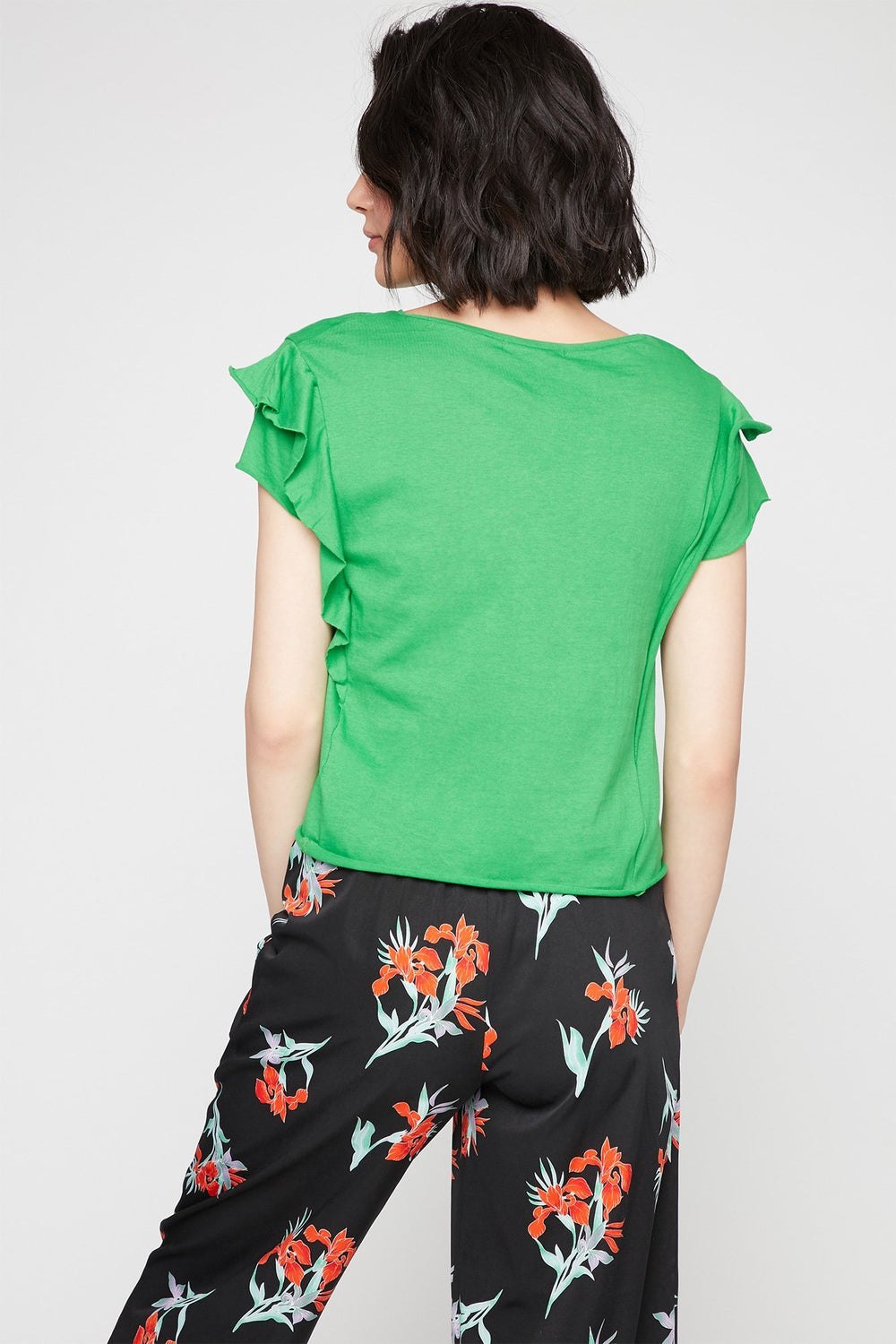 Women Layered Ruffle Sleeve Crewneck T-Shirt Green