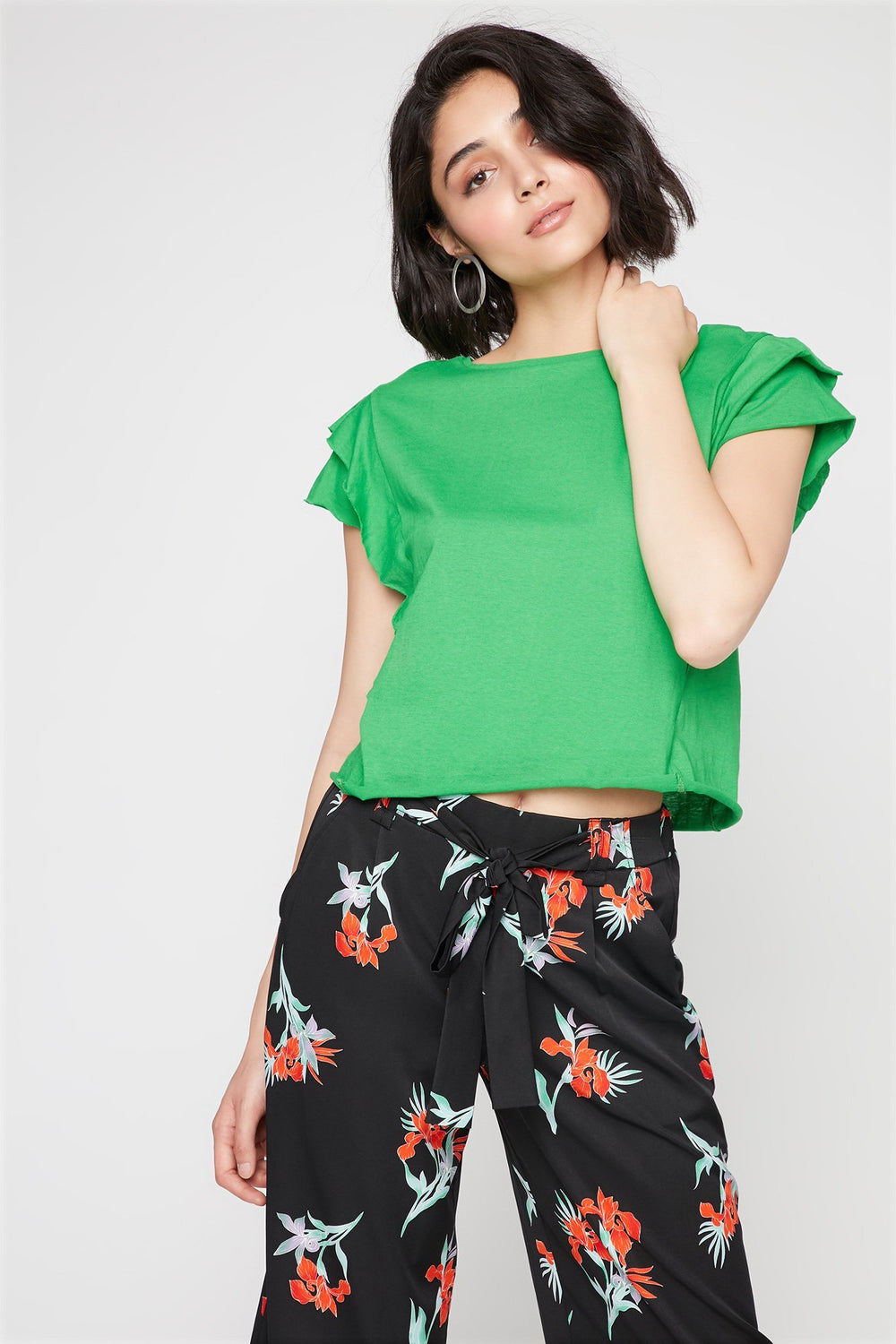 Women Layered Ruffle Sleeve Crewneck T-Shirt Green