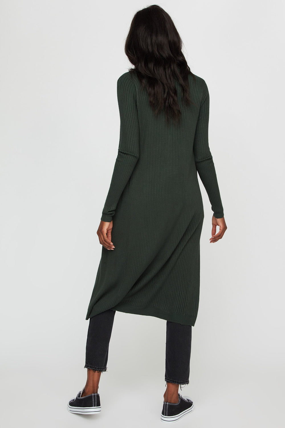 Women Longline Ribbed Open-Front Cardigan Green