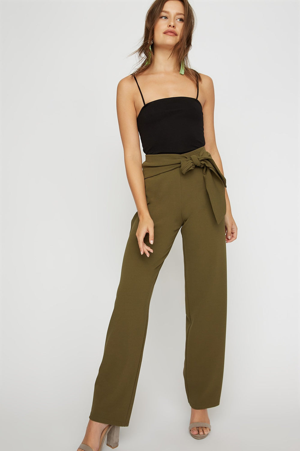 Women Self-Tie Wide Leg Pant Green