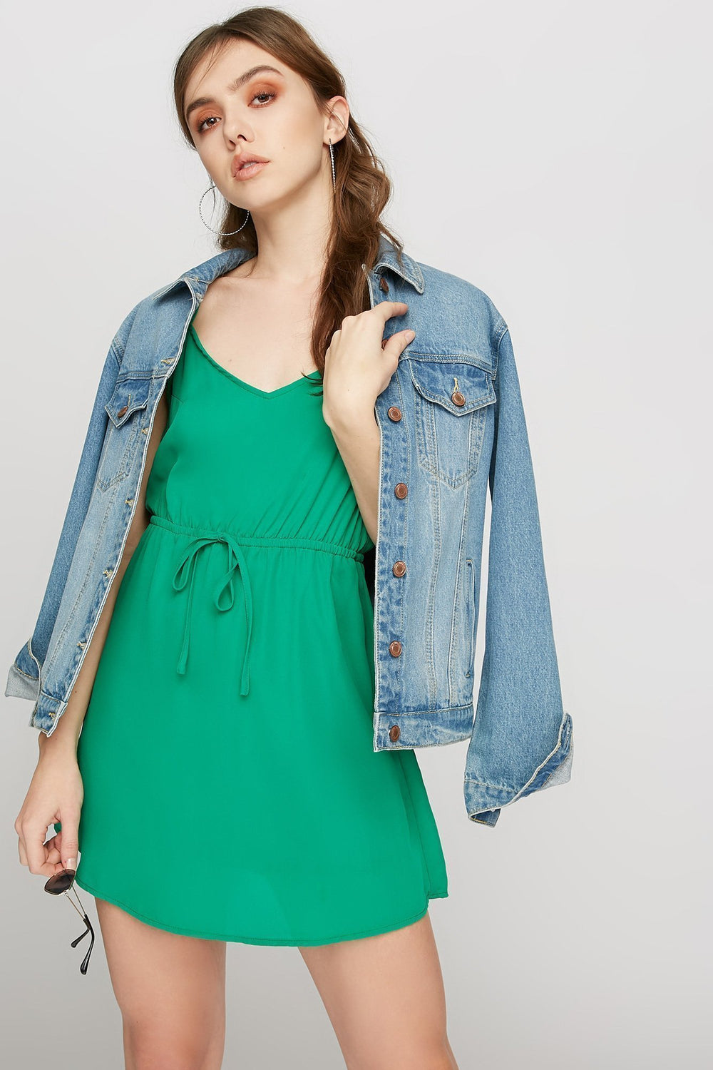 Women 2-Way Camisole Drawstring Dress Green