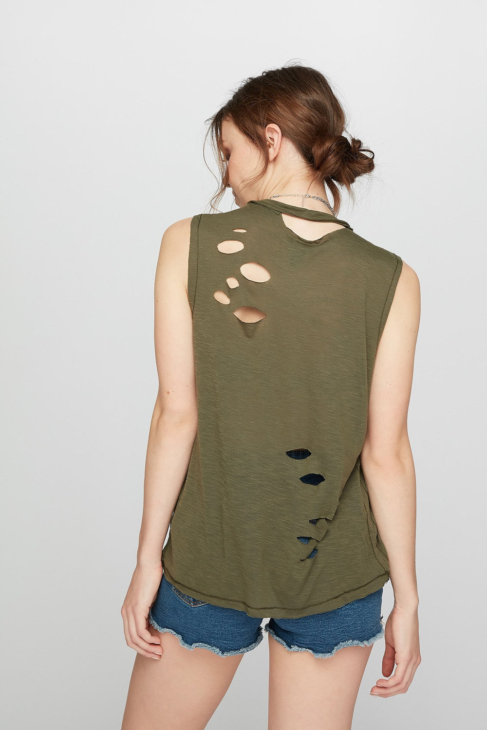 Women Choker Distressed Tribal Graphic Tank Green