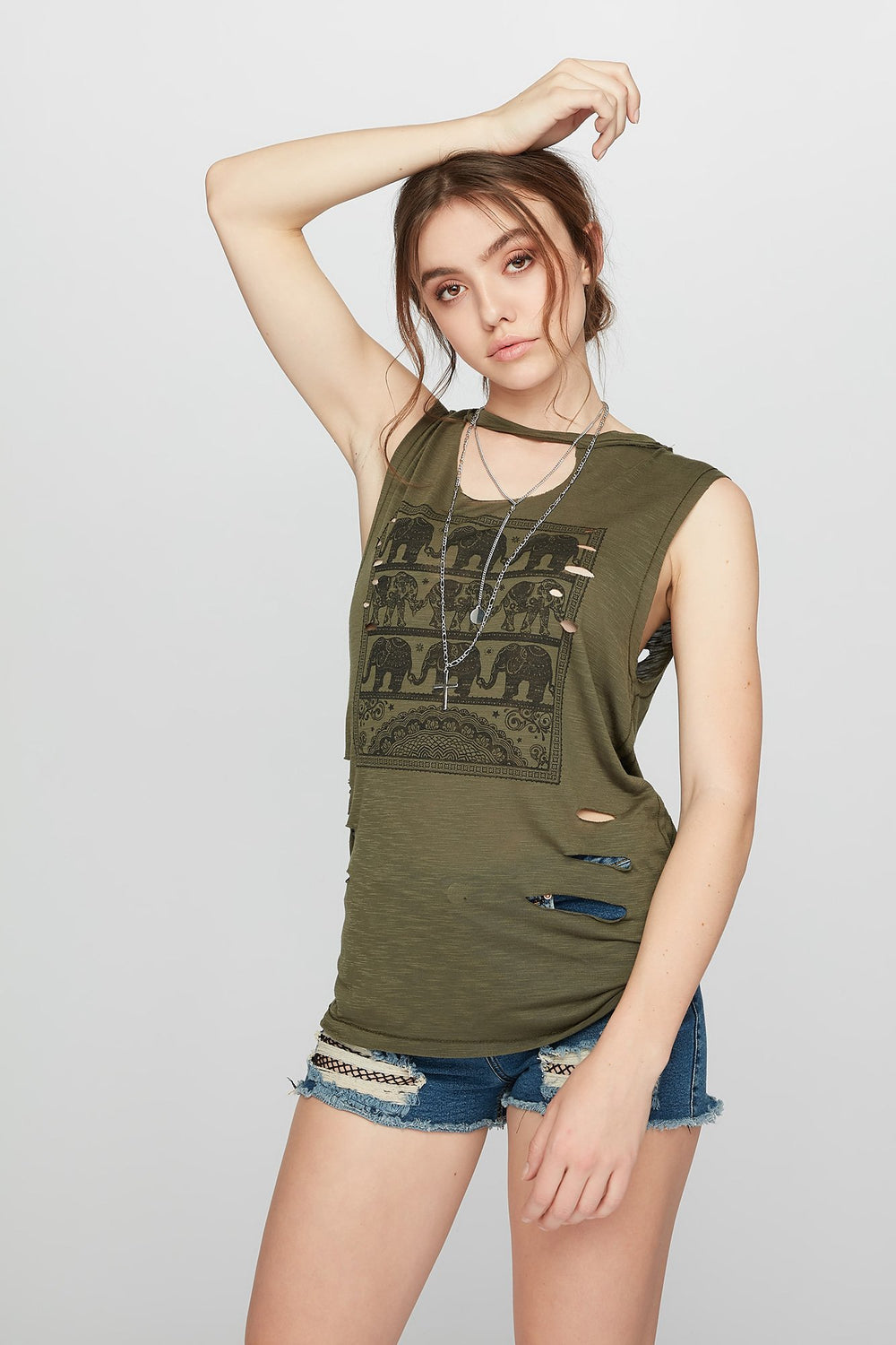 Women Choker Distressed Tribal Graphic Tank Green