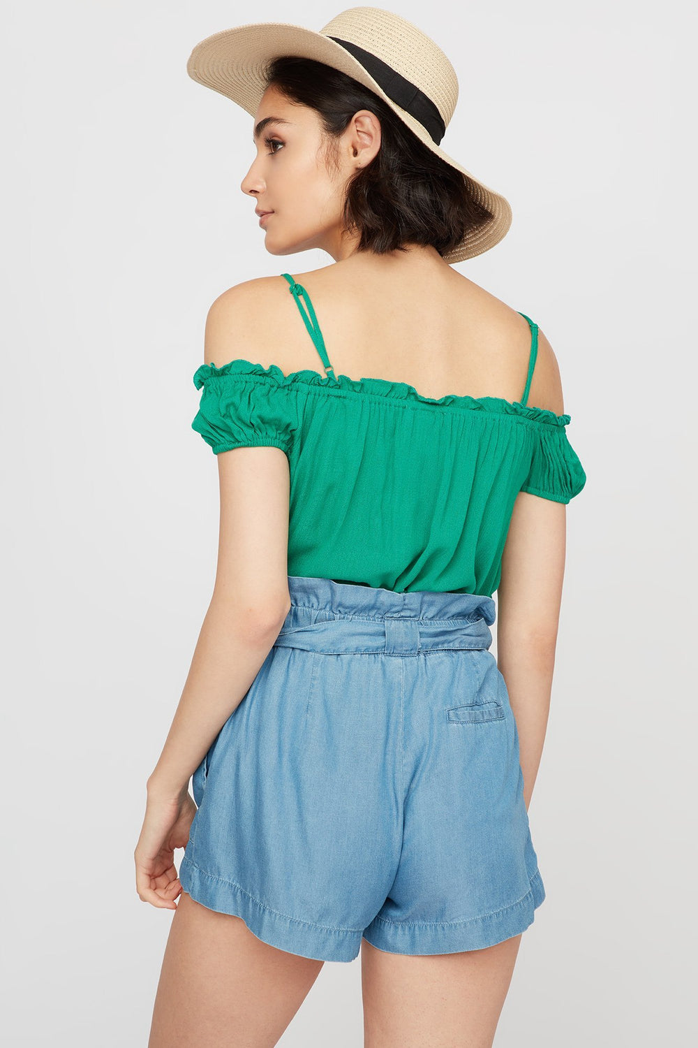 Women Cold Shoulder Button-Up Ruffle Blouse Green