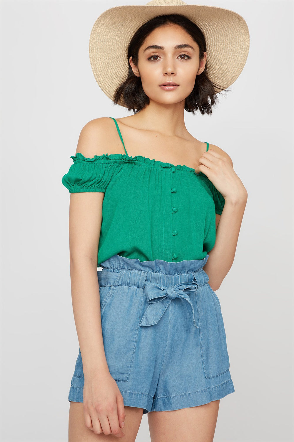 Women Cold Shoulder Button-Up Ruffle Blouse Green