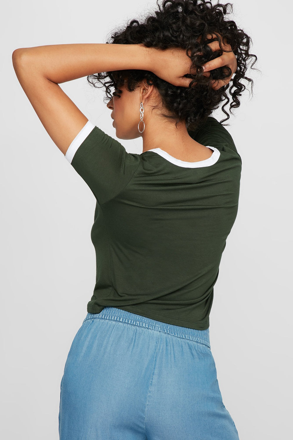 Women Lightweight Coloured Ringer T-Shirt Green